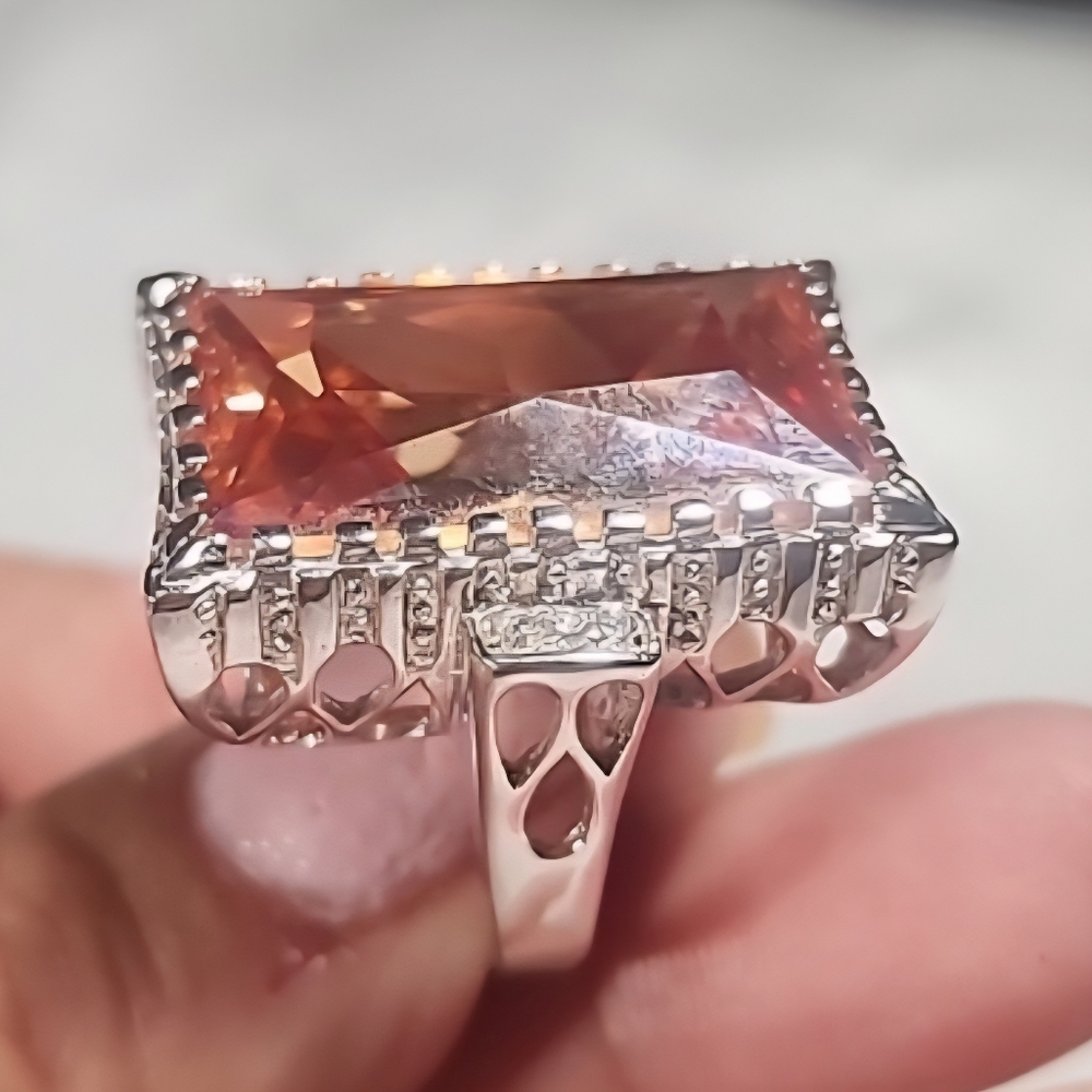 Sterling Silver 925 Cocktail Ring With Emerald-cut Orange Stone.  Size 6